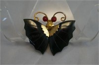 Vintage Jade & Coral Butterfly Pin Brooch Pendant