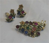Colorful Rhinestone & Enamel Brooch & Earring Set