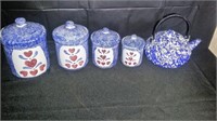 SET OF SPONGE CANISTERS AND BLUE ENAMEL TEAPOT