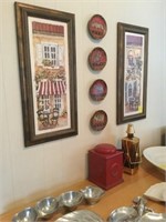 Assorted items on wall and on top of bar