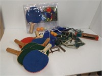 Group of Ping Pong items including 6 paddles,