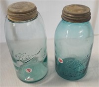 (2) Large vintage blue Ball Mason jars. Both have
