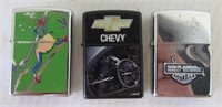 (3) Various style Zippo lighters including Harley