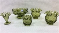 Group of 5 Green Fenton Hobnail Pieces