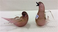 Pair of Art Glass Cranberry Gold & Crystal Birds