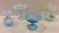 Group of 4 Blue Opalescent & Satin Glass Pieces