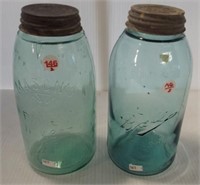 (2) Antique blue mason jars with zinc lids with