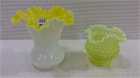 Pair of Yellow Opalescent Ruffled Edge Vases