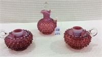 Group of 3 Cranberry Opalescent Hobnail Pieces