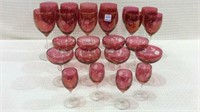 Lg Group of 24 Etched Cranberry & Crystal Stemware
