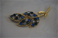 Coro Sapphire and Aquamarine Gold Tone Leaf Brooch