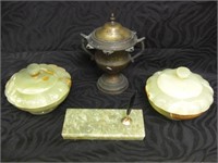 Carved Stone Lidded Dishes, Pen Holder, & Brass