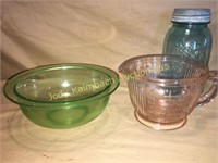 Pink depression glass measure pitcher & green bowl
