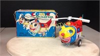 Vintage tin litho wind up Comic Helicopter with