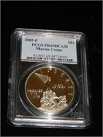 2005P MARINE CORPS .999 SILVER COIN GRADED PR69