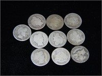 10 BARBER DIMES OF VARIOUS DATES ALL S MINT