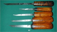 Five assorted mortising chisels