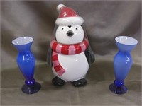 Chilly Willy Cookie Jar & Ice Blue Vases