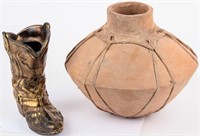 Vintage Southwest Indian Style Pottery, Brass Boot