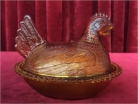 Amber Indiana Glass Hen on Nest Candy Dish