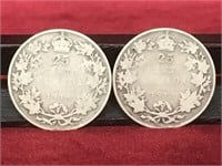 2 - 1913 Canada 25¢ Silver Coins
