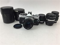 Olypus Om-2 Slr Camera W/ (3) Lenses & Teleplus