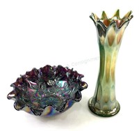 (2) Iridescent Fenton Carnival Glass Bowl & Vase