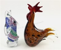 (2) Art Glass Rooster & Murano Penguin