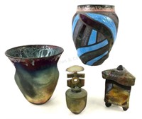 (4) Signed Raku Pottery Vases, Jars