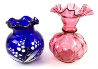 (2) Art Glass Vases Cobalt & Fenton Pink
