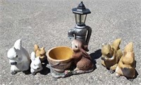 Lot Of Cement Squirrels And Faucet Planter