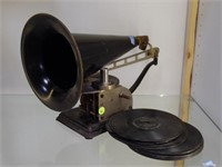 ANTIQUE TALKING PLAYER WITH HORN SPEAKER & RECORDS