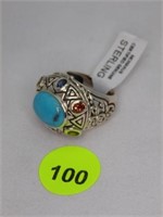 STERLING SILVER FANCY RING WITH TURQUOISE CENTER S