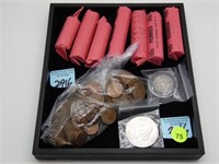TRAY WITH ROLLS OF PENNIES, BAG OF MEMORIAL PENNIE