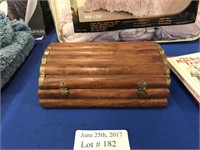 WOODEN KEEPSAKE CHEST WITH ROSARIES, PRAYER BOOK