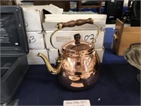 LIKE NEW COPPER TEA KETTLE WITH BRASS AND WOOD