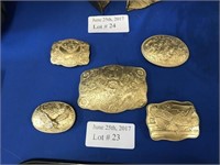 FIVE GILDED BRASS WESTERN BELT BUCKLES MADE BY
