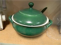 LARGE CERAMIC GREEN SOUP TUREEN-MARKED E.S. USA