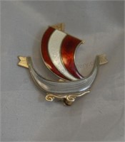 Norway Sterling Red Enamel Viking Ship Pin Brooch