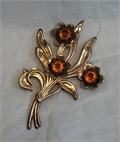 Vintage Sterling Silver Amber Rhinestone Brooch