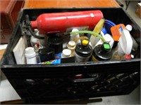 CRATE W/FIRE EXTINGUISHER, PAINTS AND MORE