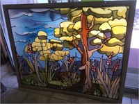 STAINED GLASS WINDOW WITH MEADOW SCENE, APPX