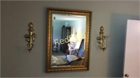 Large Gold Framed Mirror w/ Wall Sconces