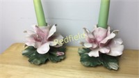 Nuova Capodimonte Pink Rose Floral Candle Holders