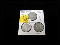 3-1943 -P,-D,-S Mercury dimes, AU, 90% silver