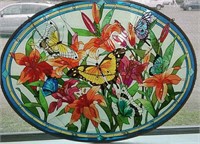 stained glass with butterflies and lilies 32x17"H