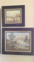 2pc framed art: woman and child streamside