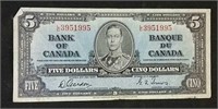 1937 Canada $5 Bill - Gordon & Towers