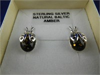 Jewelry - Sterling Silver Amber Earrings- Ladybugs
