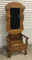 Antique Ornate Oak Hall Tree with Sitting Bench,